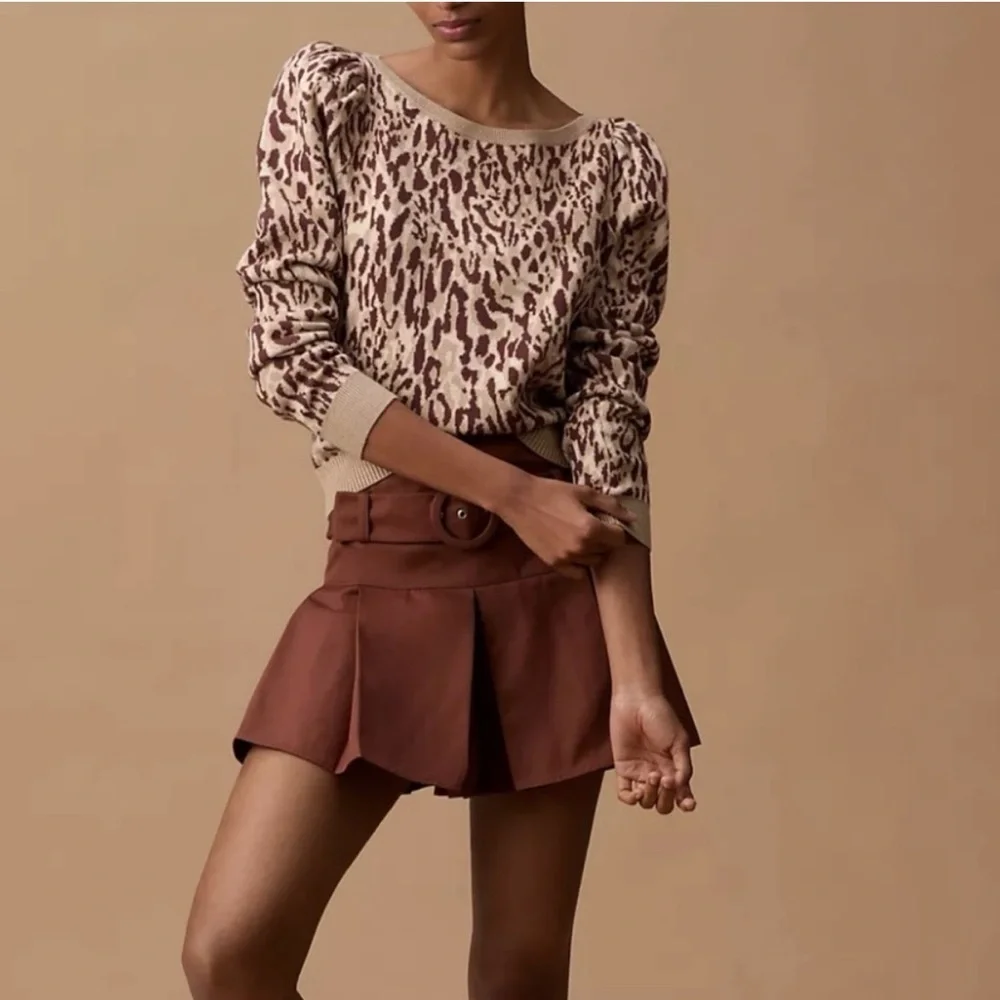 Anthropologie Maeve Knit Leopard Print Sweater XL Puff Sleeve Soft‎ Chic Neutral